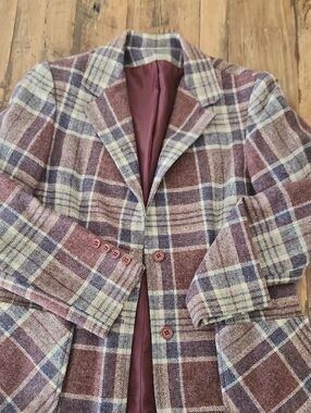 Plaid Wool-Blend Blazer in Plum, Navy and Cream Vintage